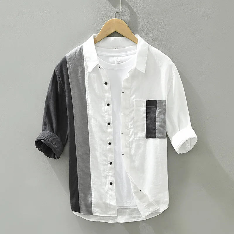 

Summer Fashion Men's 100% Linen Casual Shirts Three Quarter Sleeve Simple Contrast Color Patchwork Chic Versatile Lapel Blouses