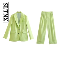 sltnx women fashion front button shawl lapel blazer coat and high waist side zipper flare pants female two piece sets