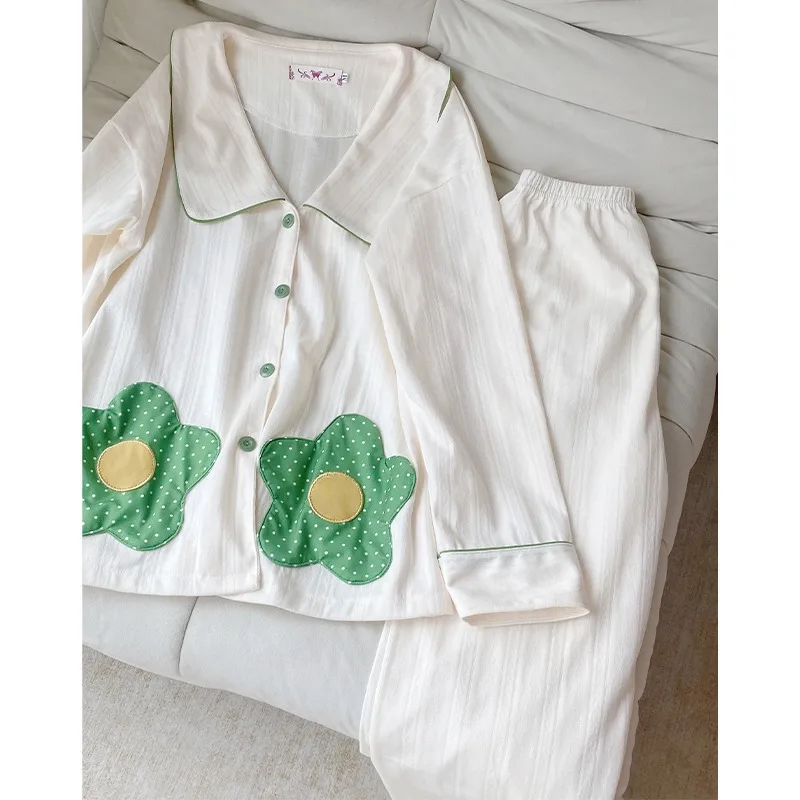 Fdfklak New Lapel Long Sleeve Pajamas For Women Pyjama Cotton Spring Autumn Ladie's Sleepwear Set Korean Casual Home Clothes
