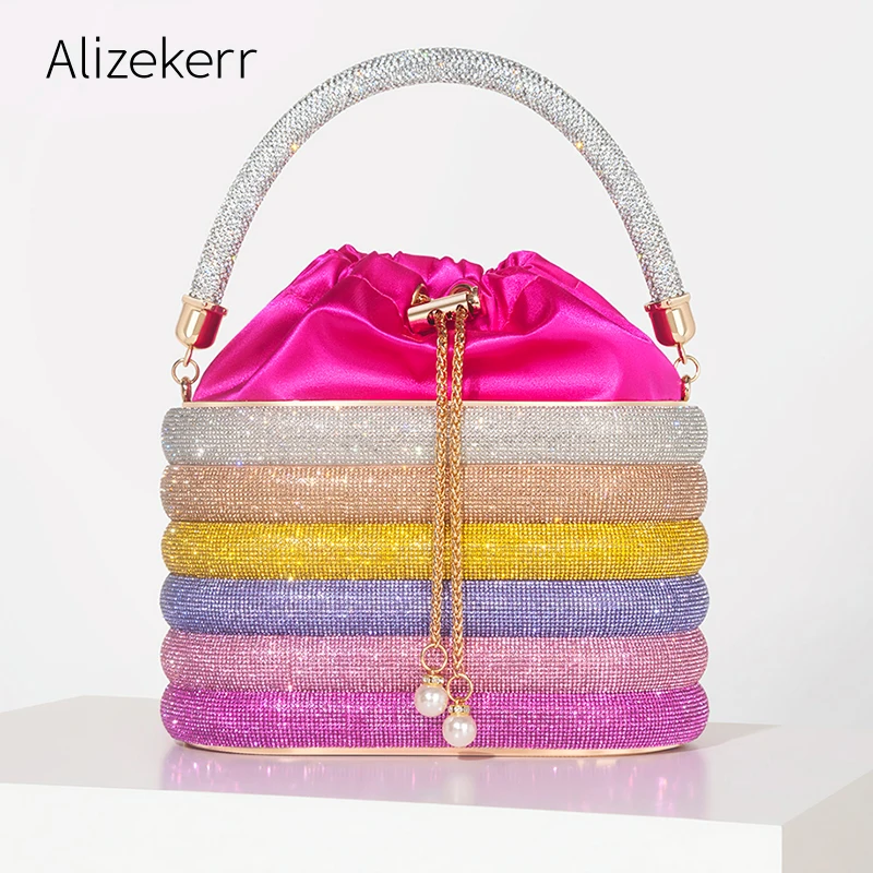 

Colour Crystal Luxury Evening Purses For Women Wedding Party Boutique Shiny Rhinestone Handle Metal Cage Handbags High Quality