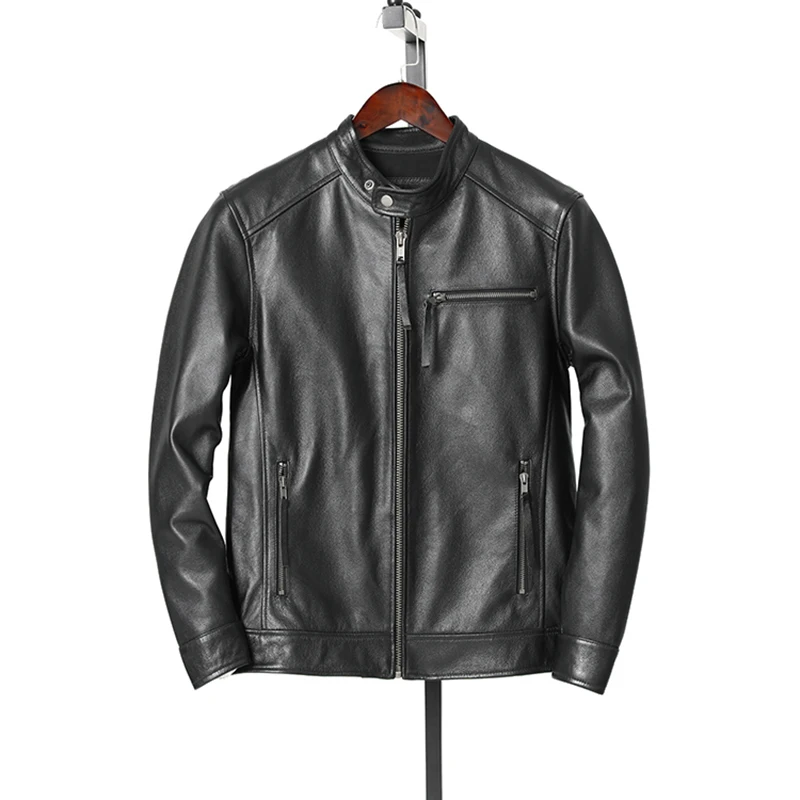 

2022 Men Spring Autumn New Cowhide Leather Clothes Men's Stand Collar Motorcycle Jackets Male Slim Fit Short Overcoats C189