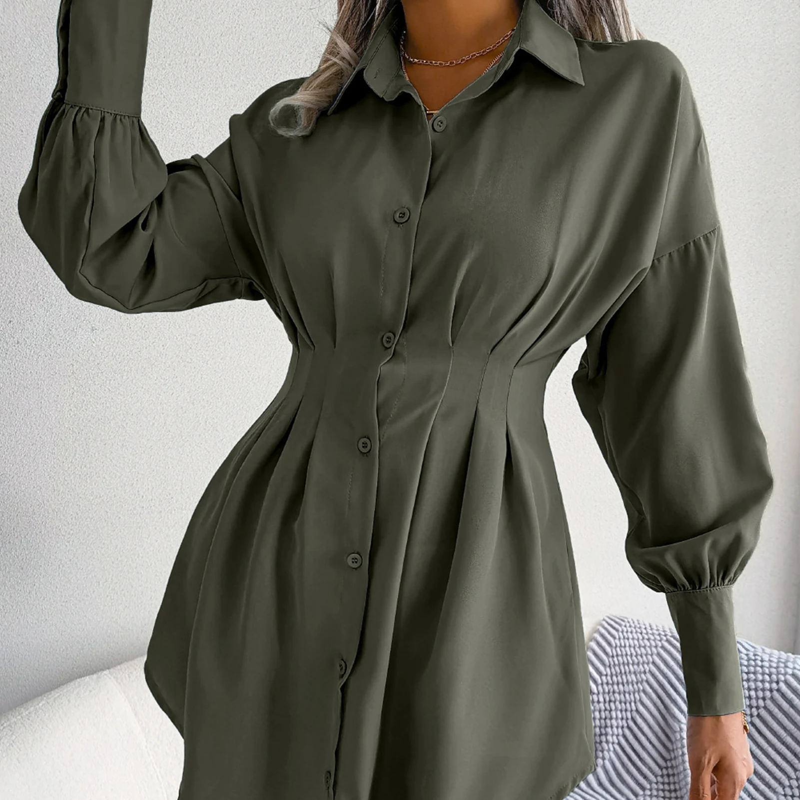 

Summer Buttoned Shirt Dress Lantern Sleeve Women Shirt Dress Turn-down Collar Simple Solid Color Breathable for Weekend Vacation