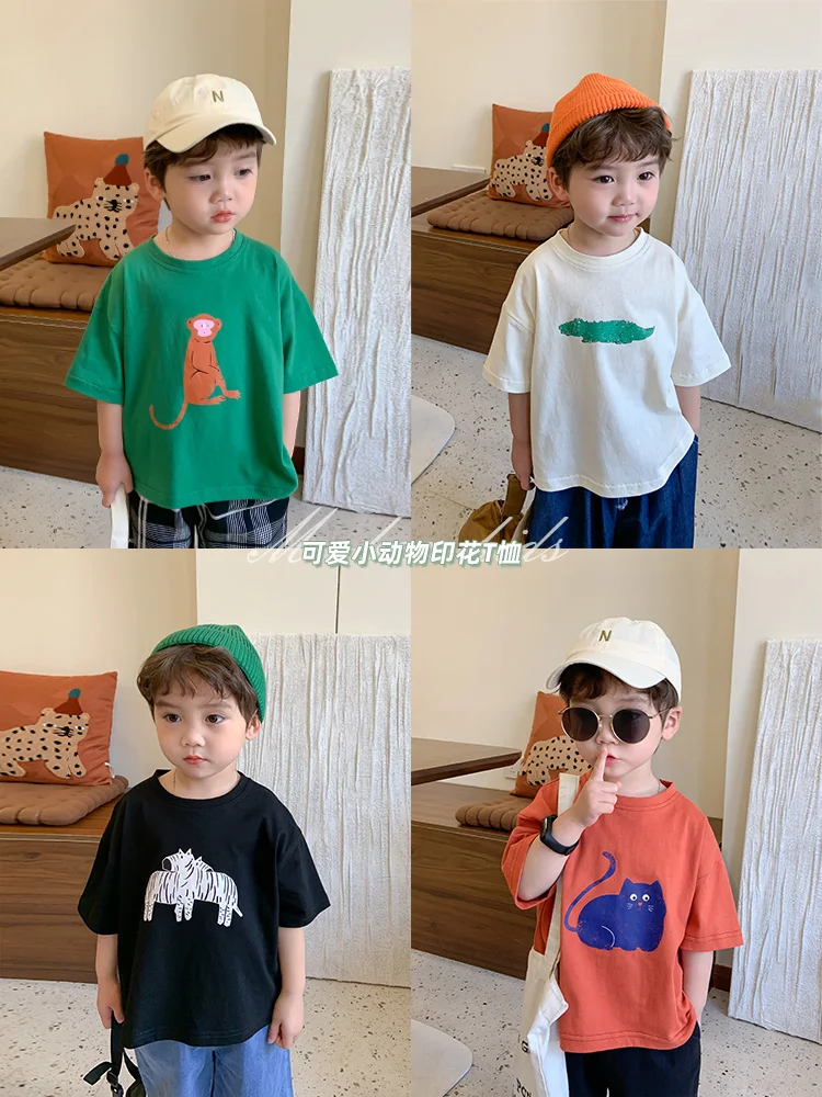 

Детская Хлопковая небольшая свободная футболка в Корейском стиле, Повседневная модная рубашка с коротким рукавом и мультяшным принтом s Baby