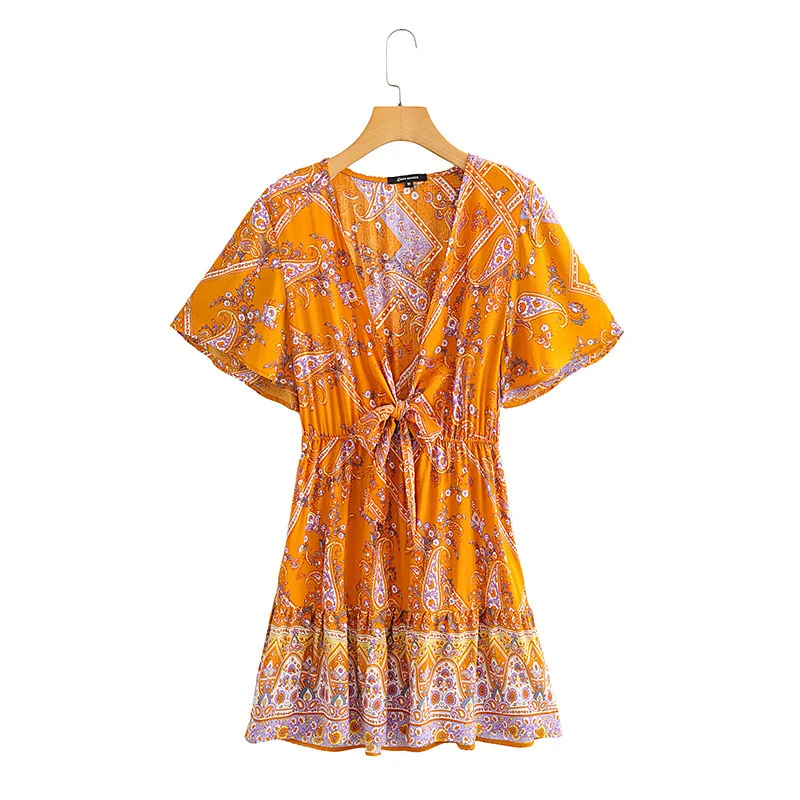 

Summer Bohemian Beach Casual Holiday Skirt 2022 Women's New Sexy Positioning Print V-neck Tie-chest Knot Waist Dress Fashion