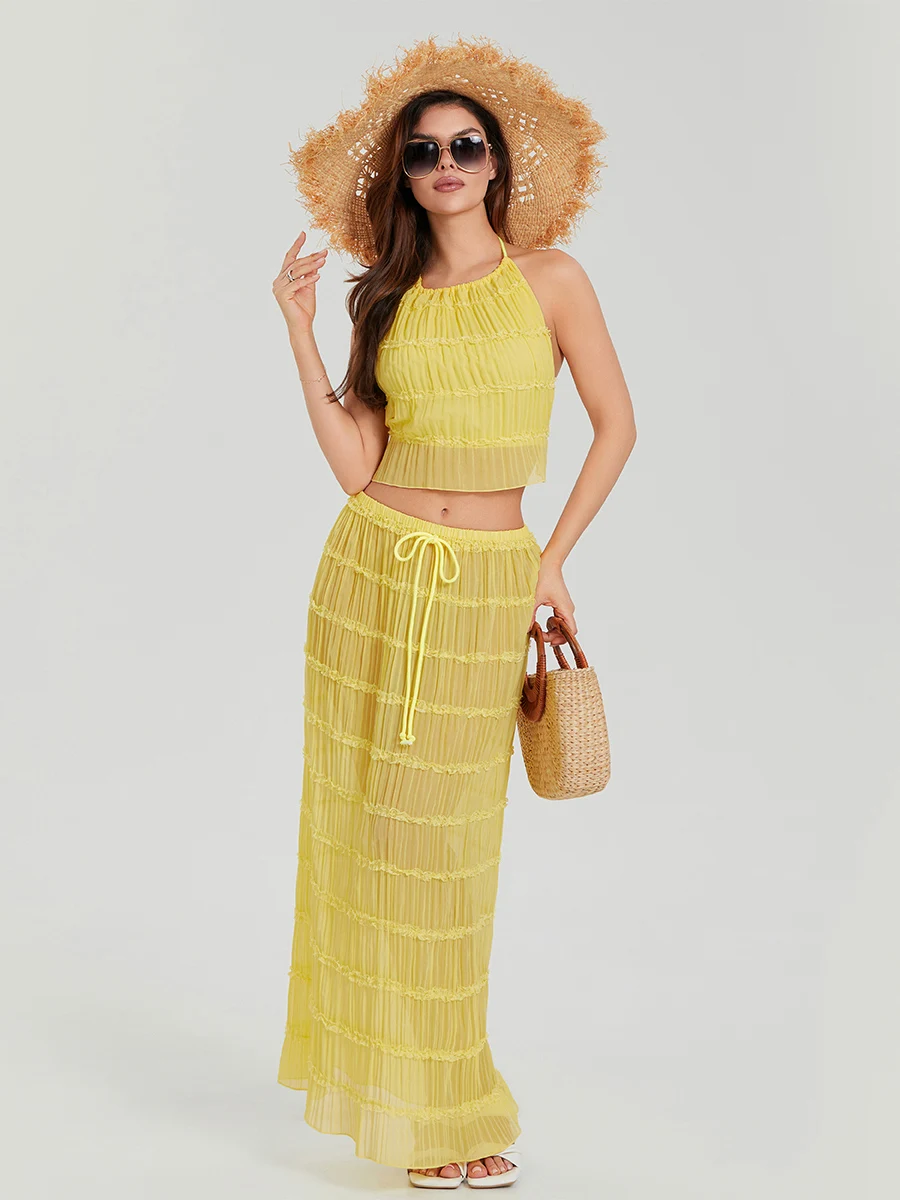 Женский летний комплект из двух предметов с юбкой топ без рукавов рюшами и лямкой