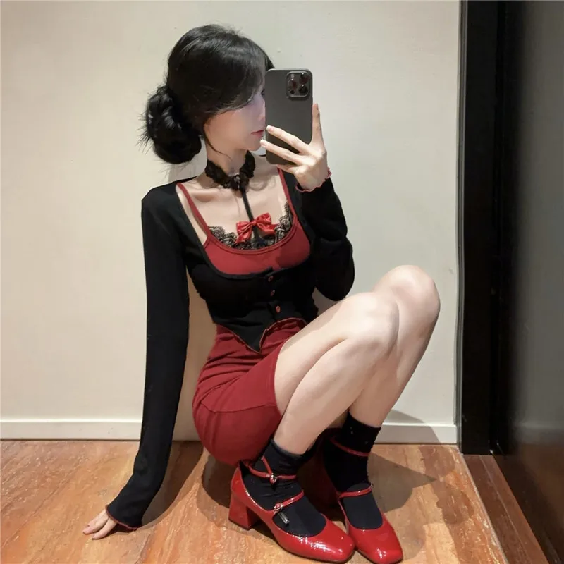 Фото Женское мини-платье контрастного цвета из двух предметов Spicy Girl, новое весеннее облегающее короткое платье с длинными рукавами, кружевное платье-карандаш с колье №5