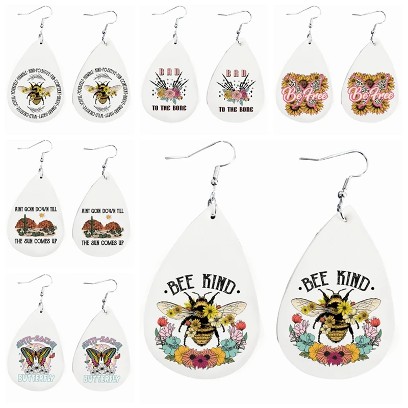 

2023 New Best Selling Happy Bee Kind Earrings Faux Leather Teardrop Earrings For Girl Wholesale