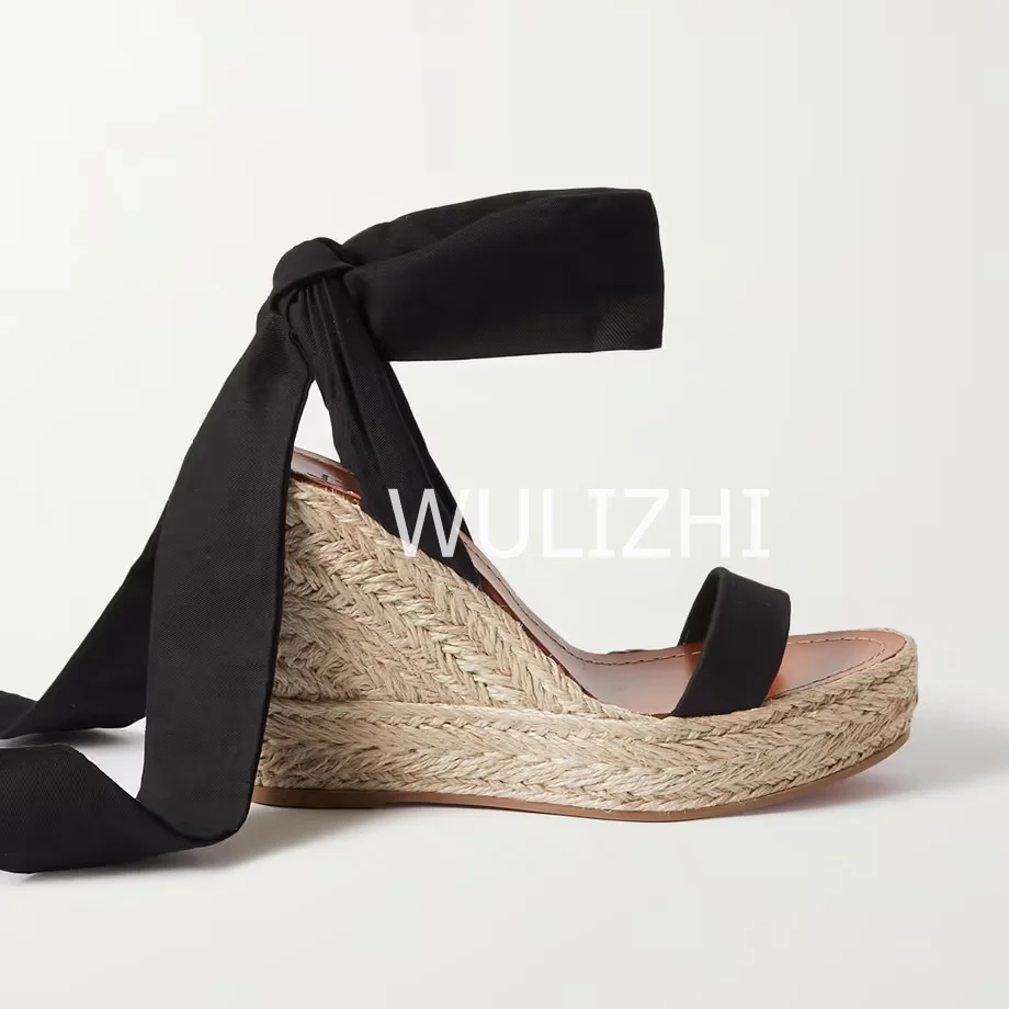 Women Casual Lace-Up High Wedge Espadarille Black White Brown Riband Wrap Sandals Open Slingback Shallow Summer Sea Beach Shoes