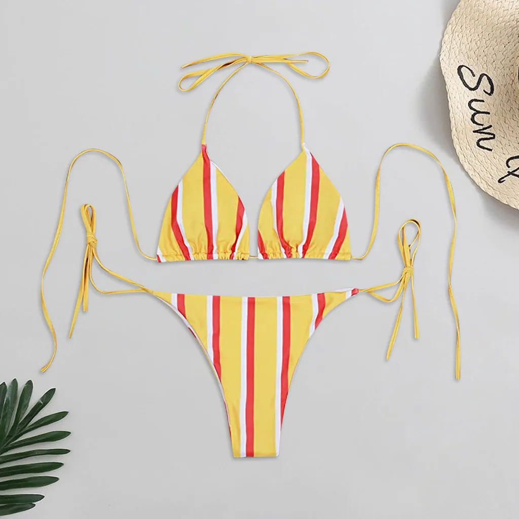 Женский купальник-бикини в полоску новинка 2022 винтажный с низкой талией и лямкой