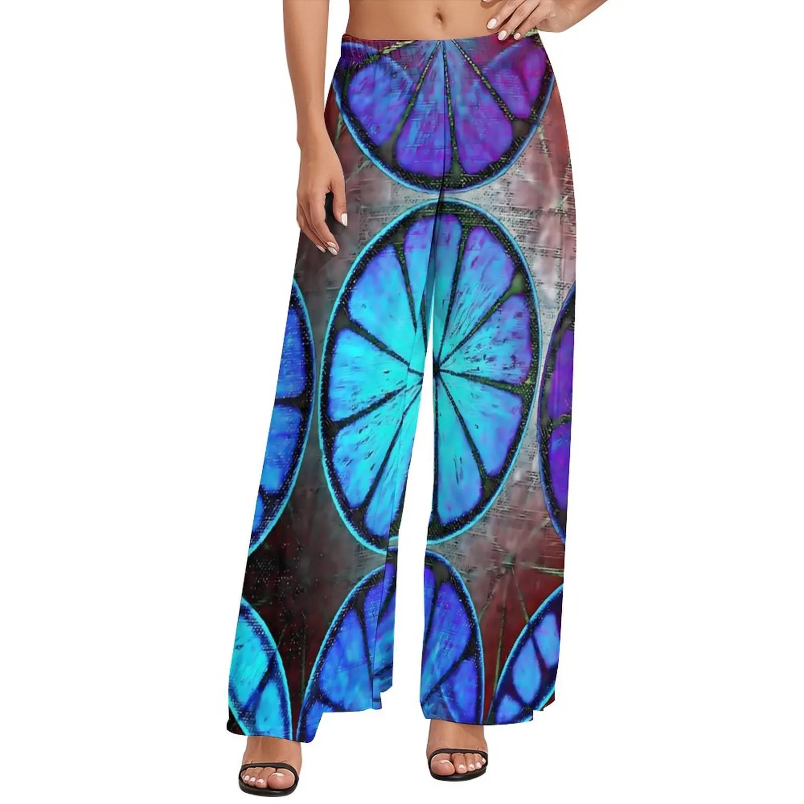 

Брюки апельсиновые женские с широкими штанинами, модные пикантные уличные штаны с высокой талией, с голубыми фруктами, подарок на день рождения