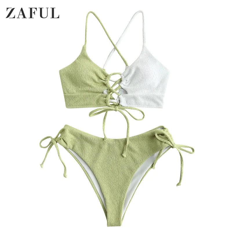 

ZAFUL Bikini Set Lace Up Textured High Waisted Cinched Tankini Swimwear Bathingsuit Removable Pads Beach Bather for Women Girls