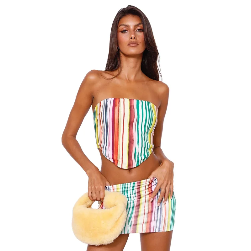 

2022 Summer Street Women's Clothing Leisure Fashion Color Stripe Chest Wrap Printing Camisoles Slim Fit Hip Wrap Skirt Suit Set