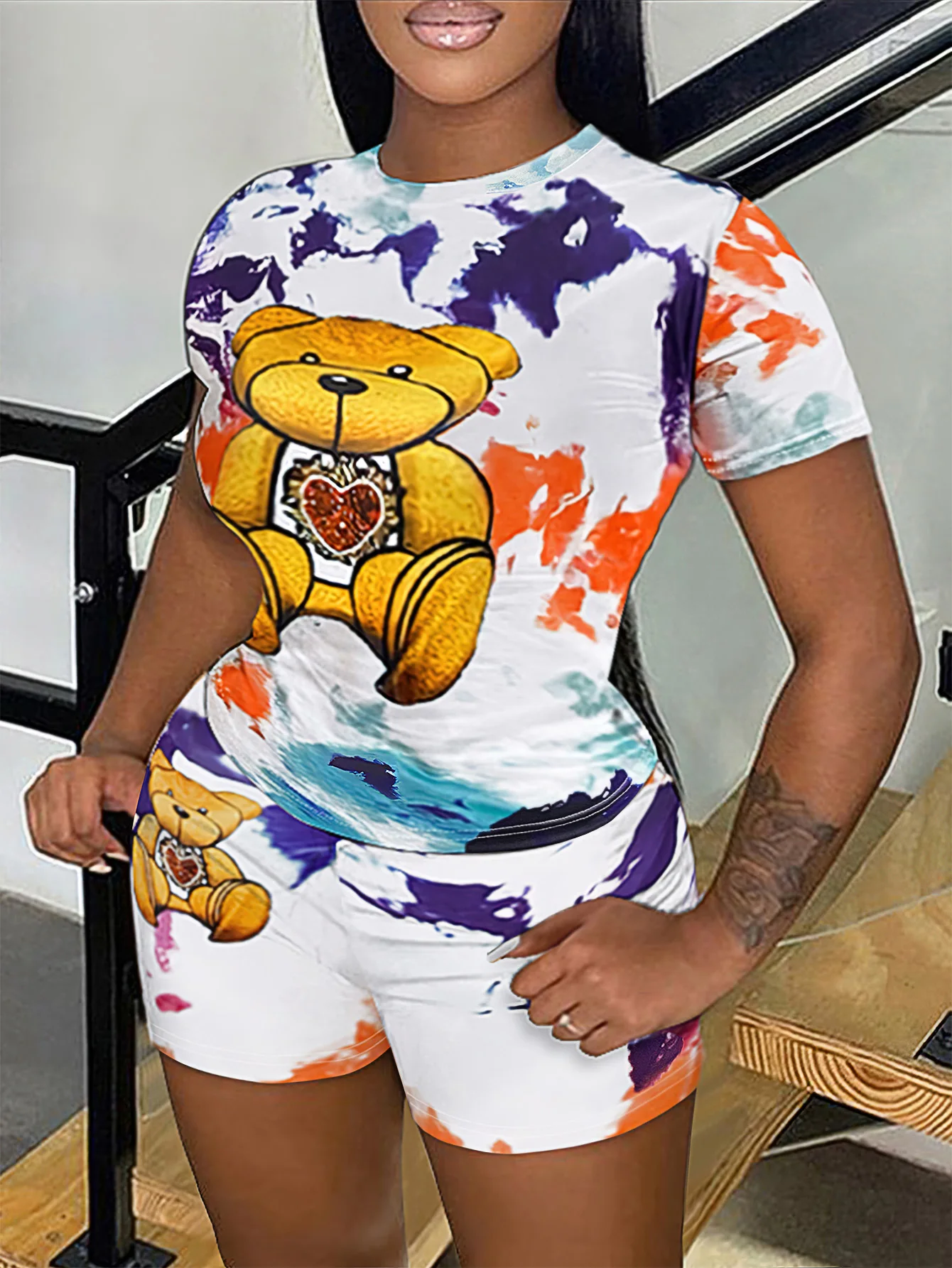 Plus Size Женский Базовый Короткий Комплект С Приталенным Топом И Шортами Принтом