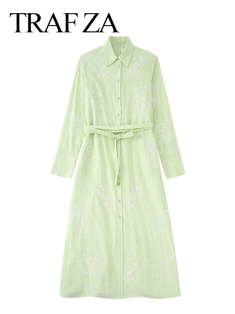 

TRAF ZA Light Green Embroidered Ladies Shirt Collar Long Dress Casual Loose Commuter Single Breasted Belted Waist Women Dress