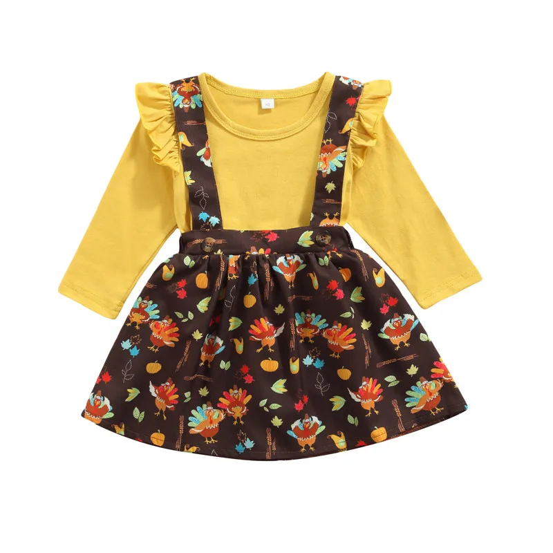 

Наряды для младенцев на День Благодарения, 2 шт., однотонный пуловер с рукавами-мушками и круглым вырезом для девочек + юбка на бретелях с при...