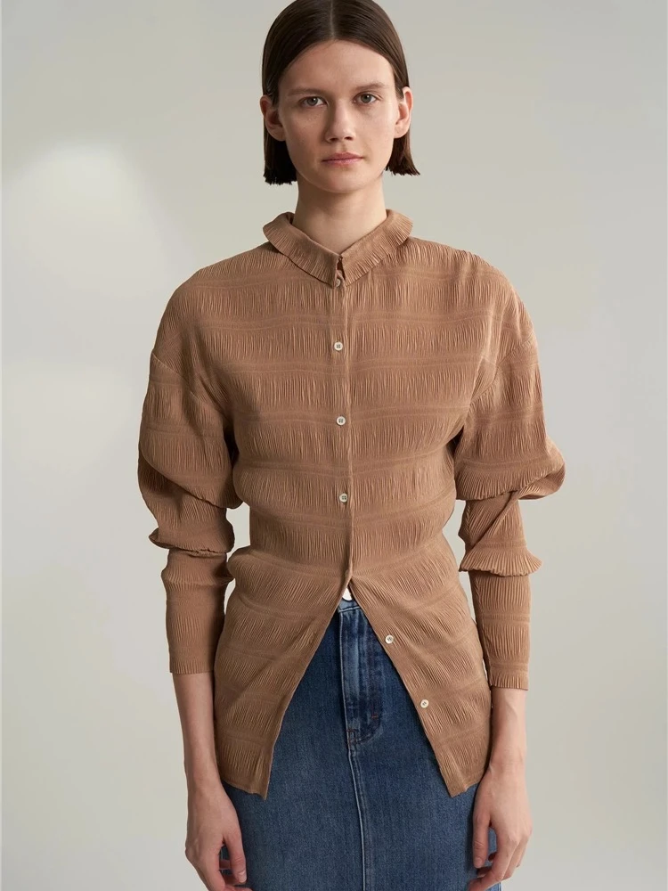 

Женская Роскошная классическая универсальная модная плиссированная рубашка Totem * с художественной текстурой и поясом, плиссированная рубашка с рукавами-летучими рукавами, осенняя блузка