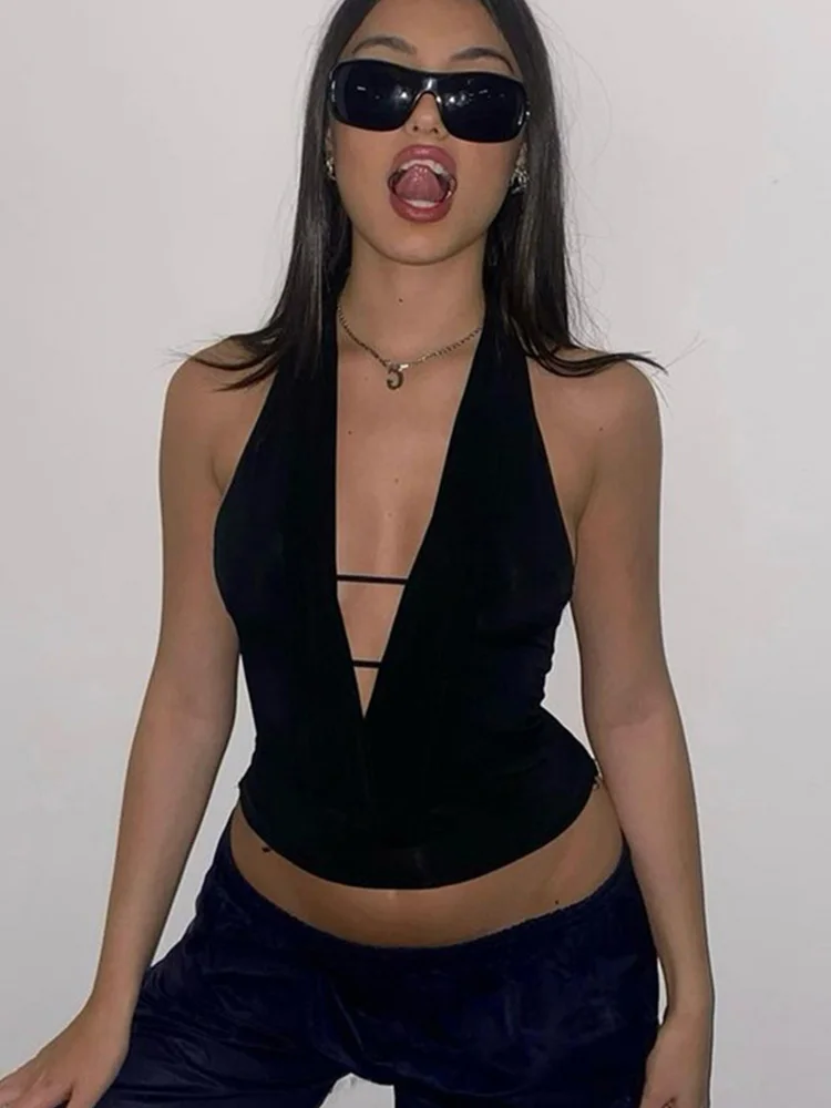 Сексуальный топ с глубоким V-образным вырезом на бретелях Y2K женские укороченные