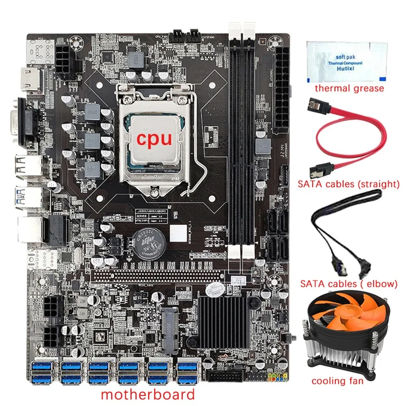 

B75 12 GPU BTC Mining Motherboard+CPU+Fan+Thermal Grease+2X SATA Cable 12 USB3.0 To PCIE1X Slot LGA1155 DDR3 RAM SATA3.0