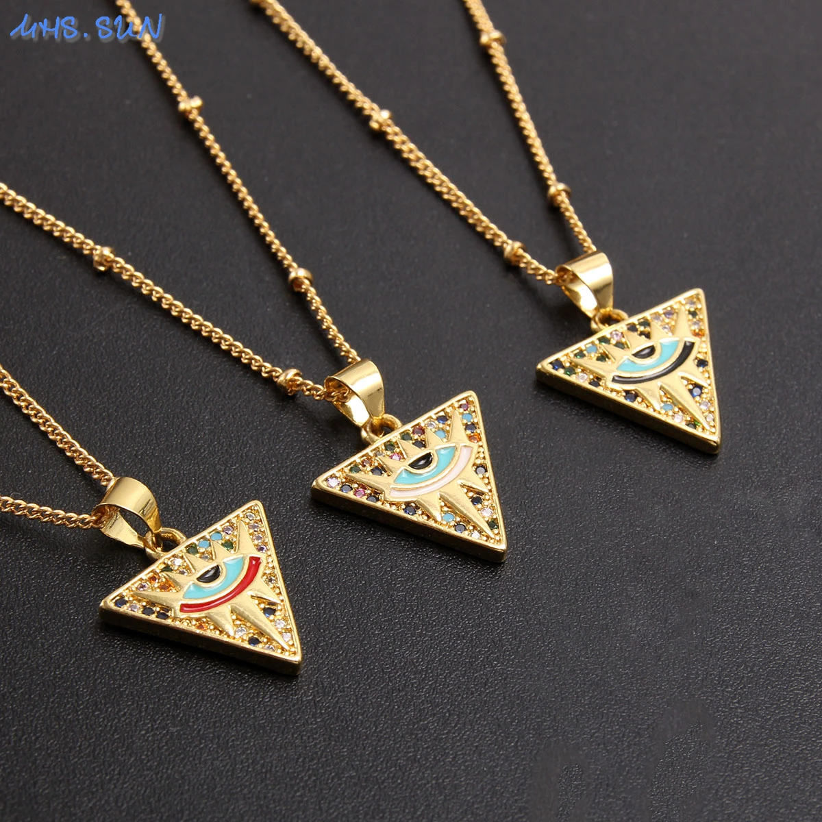 

MHS.SUN Fashion Triangle Pendant Necklace Gold Color Evil Eye Mosaic AAA CZ Necklaces Vintage Turkish Neck Chains Jewelry
