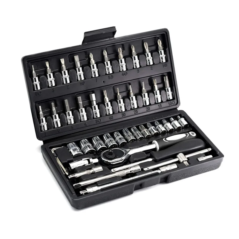 

46 Pieces 1/4 inch Drive Socket Ratchet Wrench Set,with Bit Socket Set Metric and Extension Bar for Auto Repairing and Household