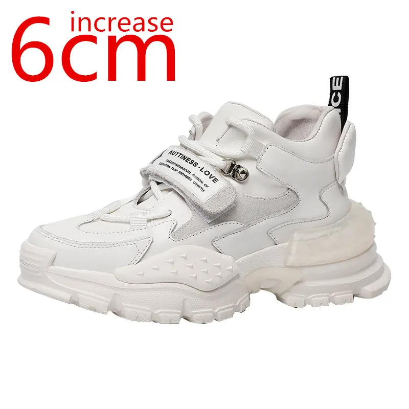 

Heightening Sneakers Women Genuine Leather Thick Soled Fashion Designer Internal Height Increasing 6cm White Casual Sports Shoes