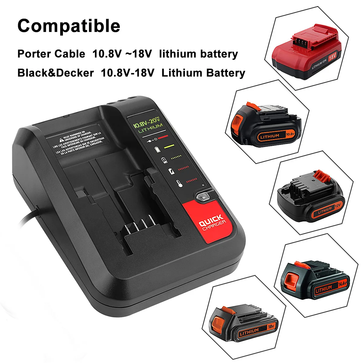 18V Replacement Lithium Battery Charger for Black and Decker PORTER CABLE Stanley Lithium Battery Charger 2A 10.8-20V 100-240V