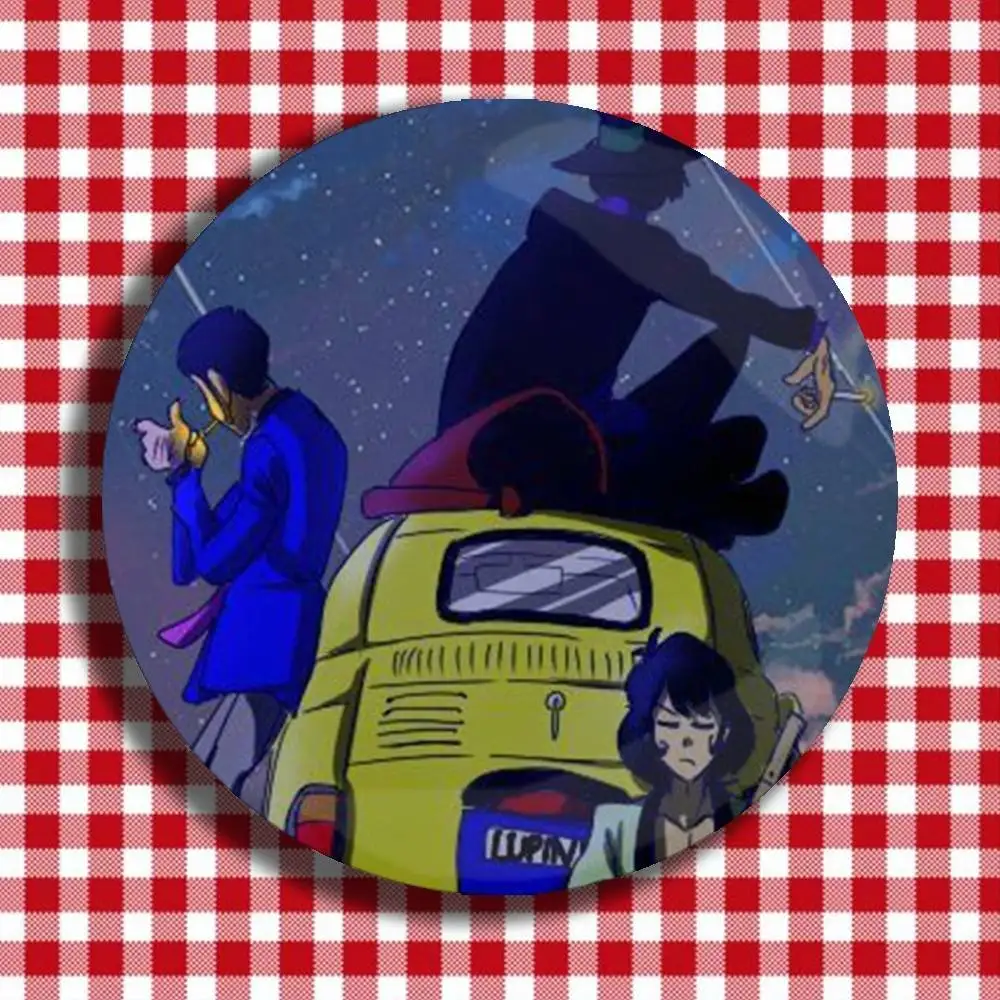 Фото Классические аниме-значки L-Lupin The Third, броши для рюкзаков и одежды, круглые эмалевые значки ручной работы для украшений и подарков №4