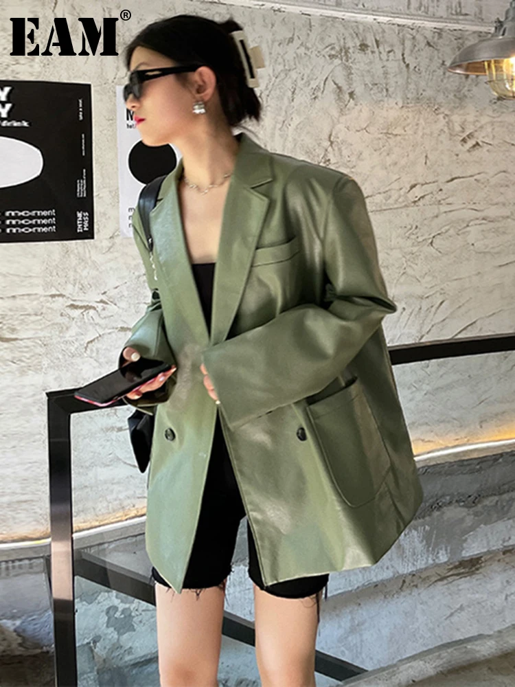 [EAM]  Women Green Pu Leather Big Size Blazer New Lapel Long Sleeve Loose Fit Jacket Fashion Tide Spring Autumn 2023 1DE1415