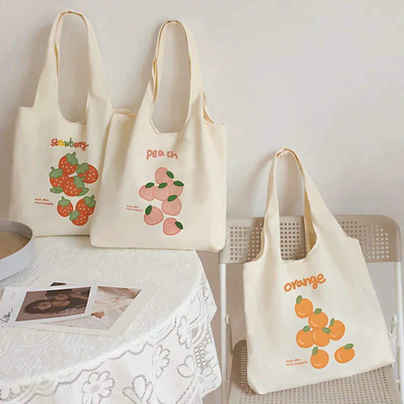 

Cute Strawberry Tote Bag Aesthetic School Girls Purses Shopper Designer Handbag Japanese Women Peach Print Eco Shoulder Bags
