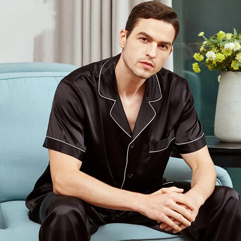 Silk Nightgown Men Summer Short Sleeve Trousers Thin Style Pure Color Silkworm Silk Home Suit Two Pieces Set Red