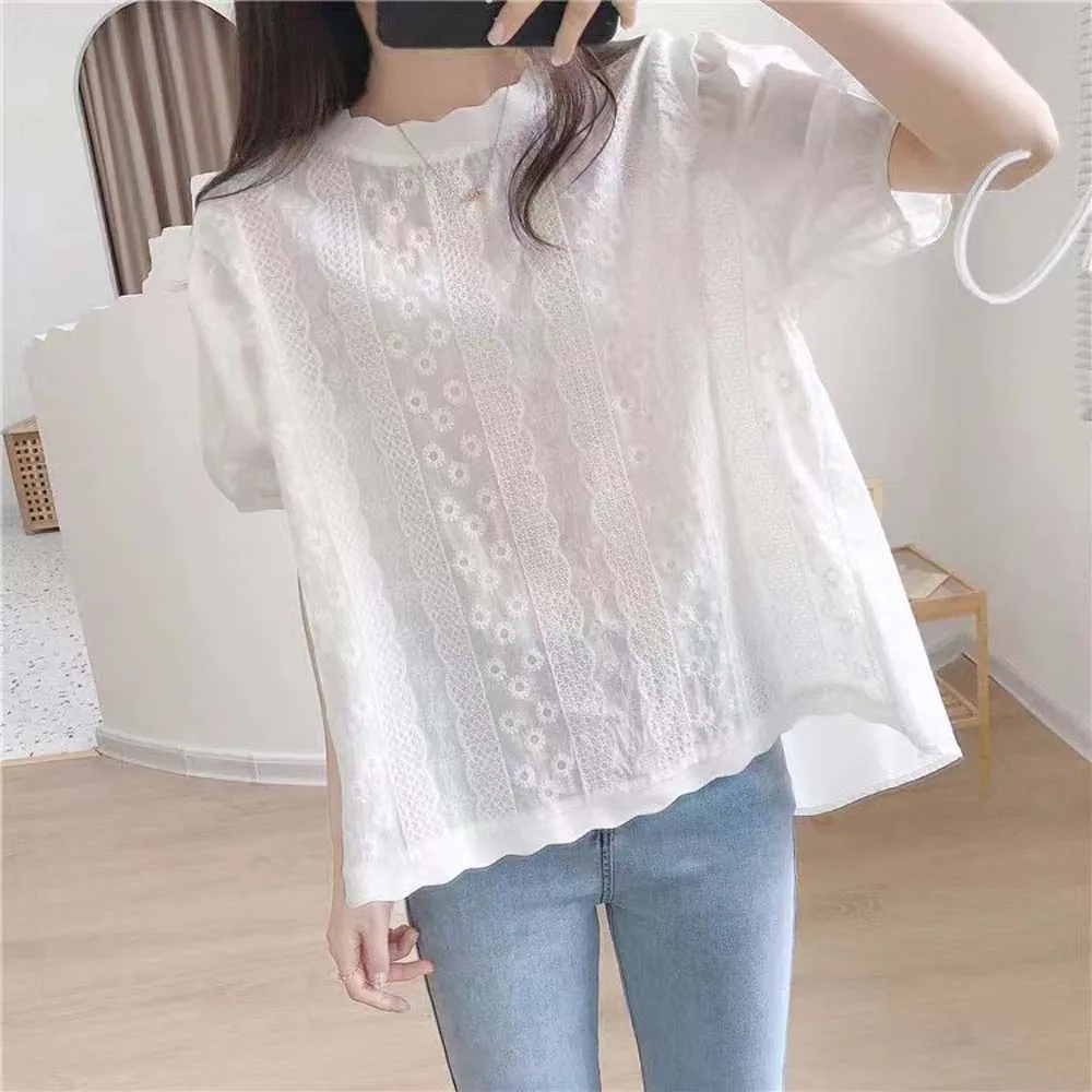 

Элегантная шикарная Женская одежда с цветочным рисунком, однотонная свободная хлопковая верхняя одежда с круглым вырезом и коротким рукав...