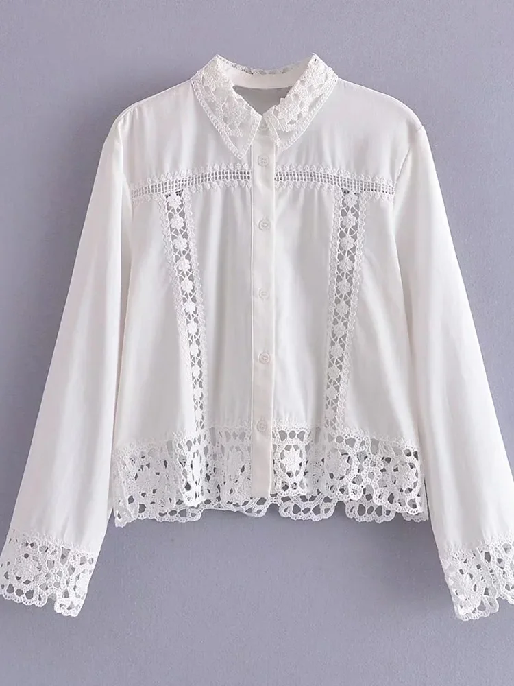 

Women Fashion Patchwork Crochet Shirts Vintage Long Sleeve Button-up Female Blouses Blusas Chic Tops