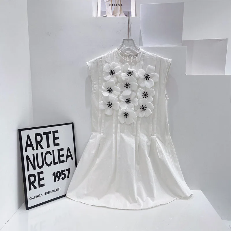 

2022 Summer Woman's Dress Sleeveless Cute Young Dresses BlingBling Flowers Elegant Zipper Peplum Lady Tank Dress