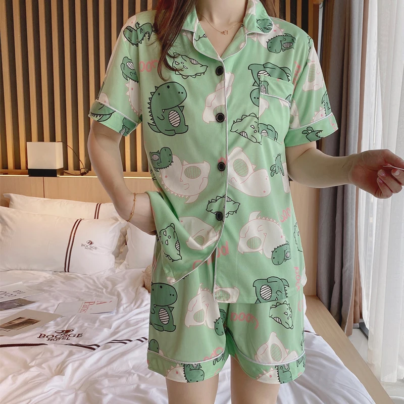 Summer Pajamas Women Short-sleeved Shorts Two-piece Milk Silk Sweet and Cute Cartoon Cardigan Lapel Home Service Sleepwear Set