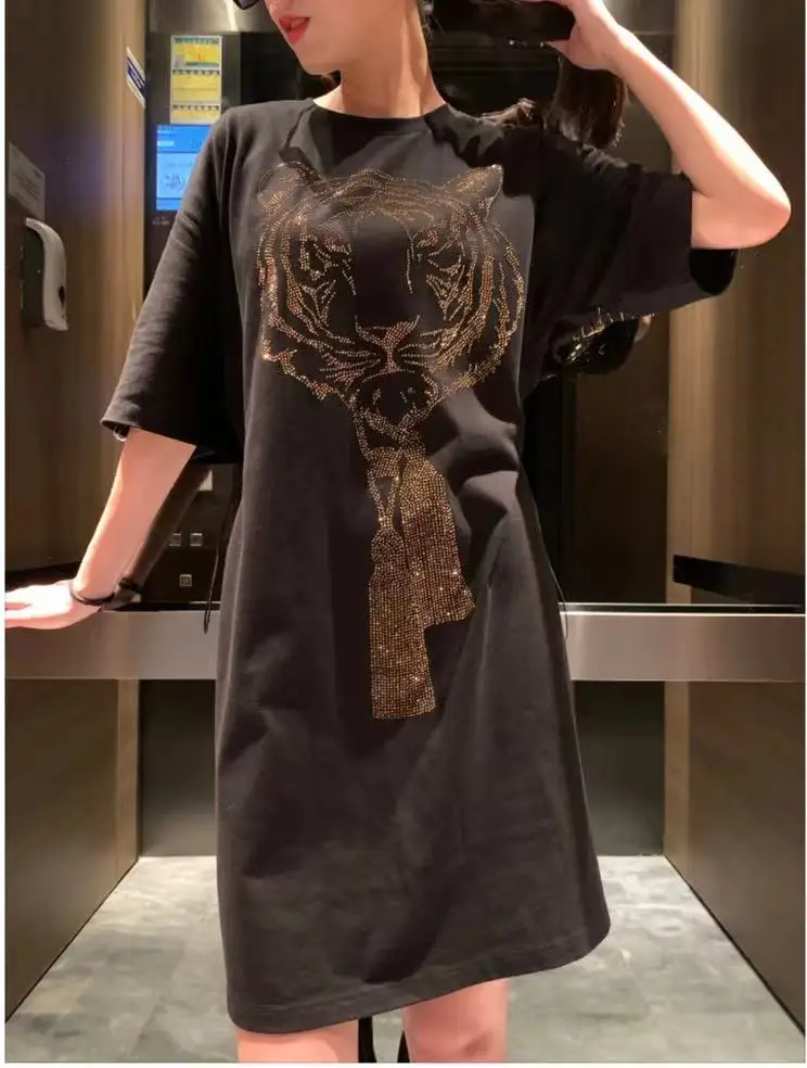 

Luxury Blingbling Summer Women Black Loose Tee Dress Tiger Head Hot Drill Short Sleeve Top O-neck Streetwear Trendy Mini Dresses