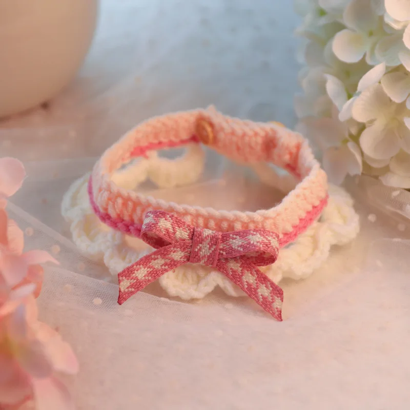 

Cute Handmade Cat Dog Collar Kawaii Adjustable Kitten Accessories Crocheted Woolen Thread Pet Knitted Bib Bowknot Chihuahua