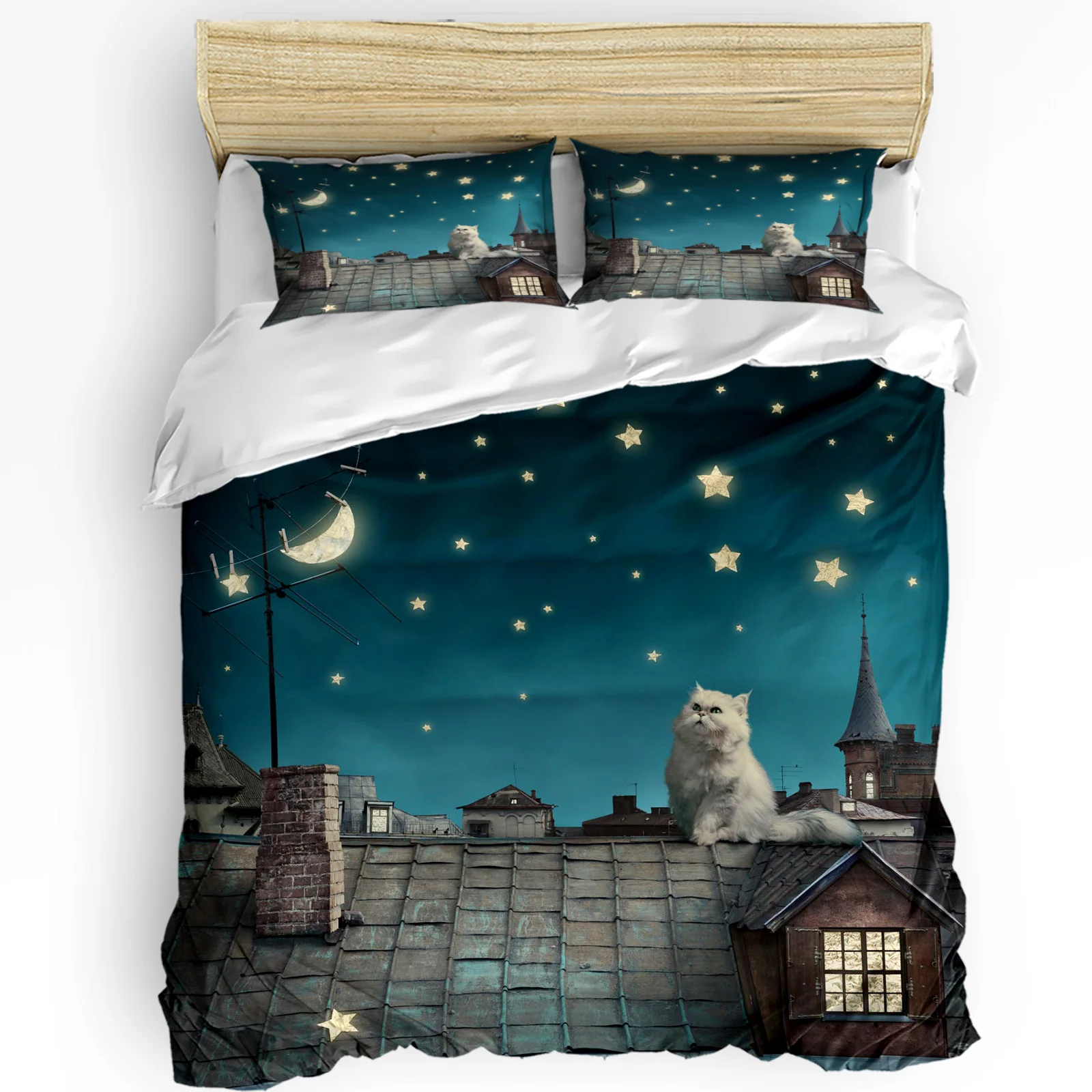 

Roof Kitten Night Moon Stars Printed Comfort Duvet Cover Pillow Case Home Textile Quilt Cover Boy Kid Teen Girl 3pcs Bedding Set