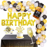 JOYMEMO Black Gold Whisky Birthday Party Decorations Balloons Arch Garland Kit Happy Birthday Banner Table Cloth Cake Toppers