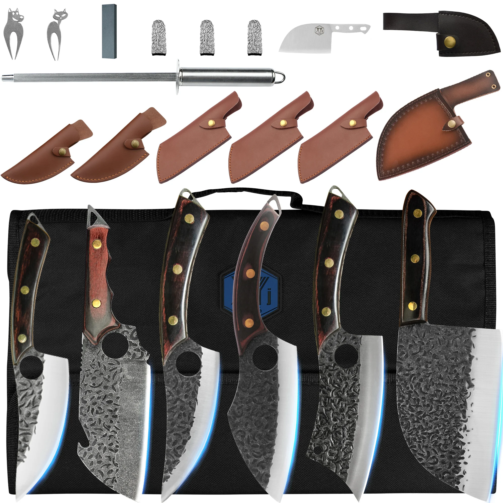 

XYJ Full Tang Camping Knives Set Chinese Butcher Vegetable Knives Slice Boning Knives With Knife Sleeves&Roll Bag&Kitchen Tools