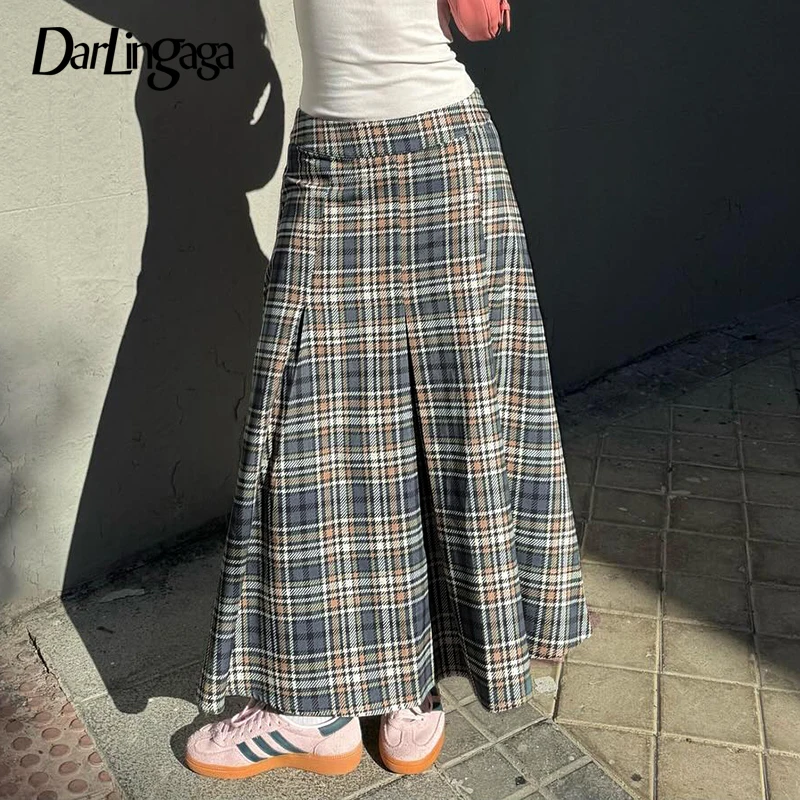 

Darlingaga Vintage Elegant Plaid Skirt Women Autumn Winter Pockets Fashion Chic Long Skirt A-Line England Style Preppy Clothing