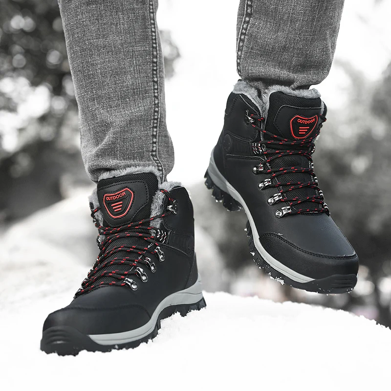 2022 Winter Men Boots Waterproof Leather Sneakers Warm Snow Boots Outdoor Hiking Boots Men Work Shoes Non-slip Trekking Boots