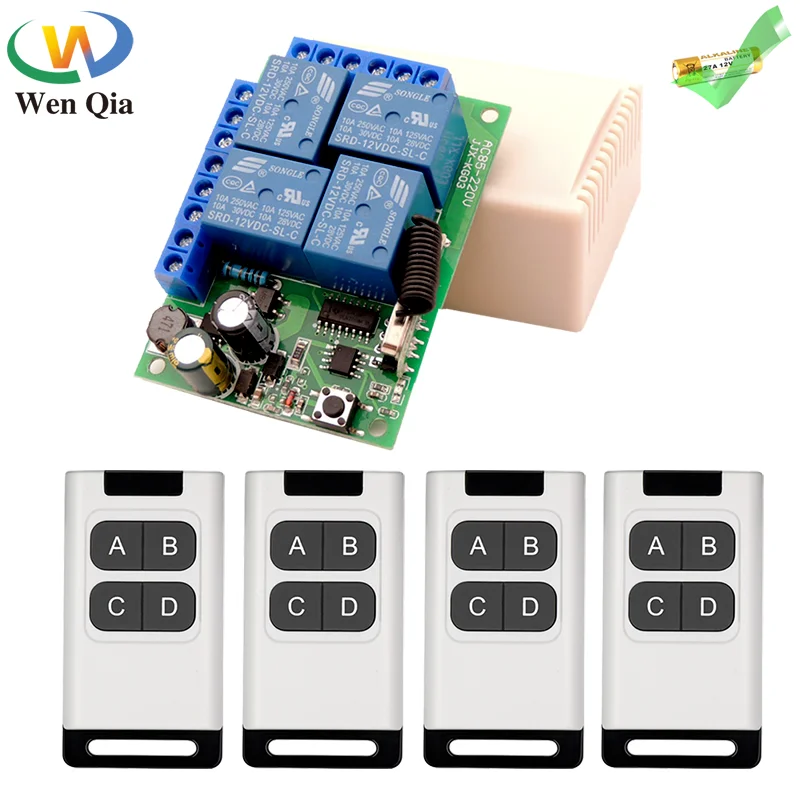 433MHz rf Remote Control Switch AC 110V 220V 10Amp 2200W 4CH Wireless Relay Receiver Controller for Garage Door Motor LED Bulb