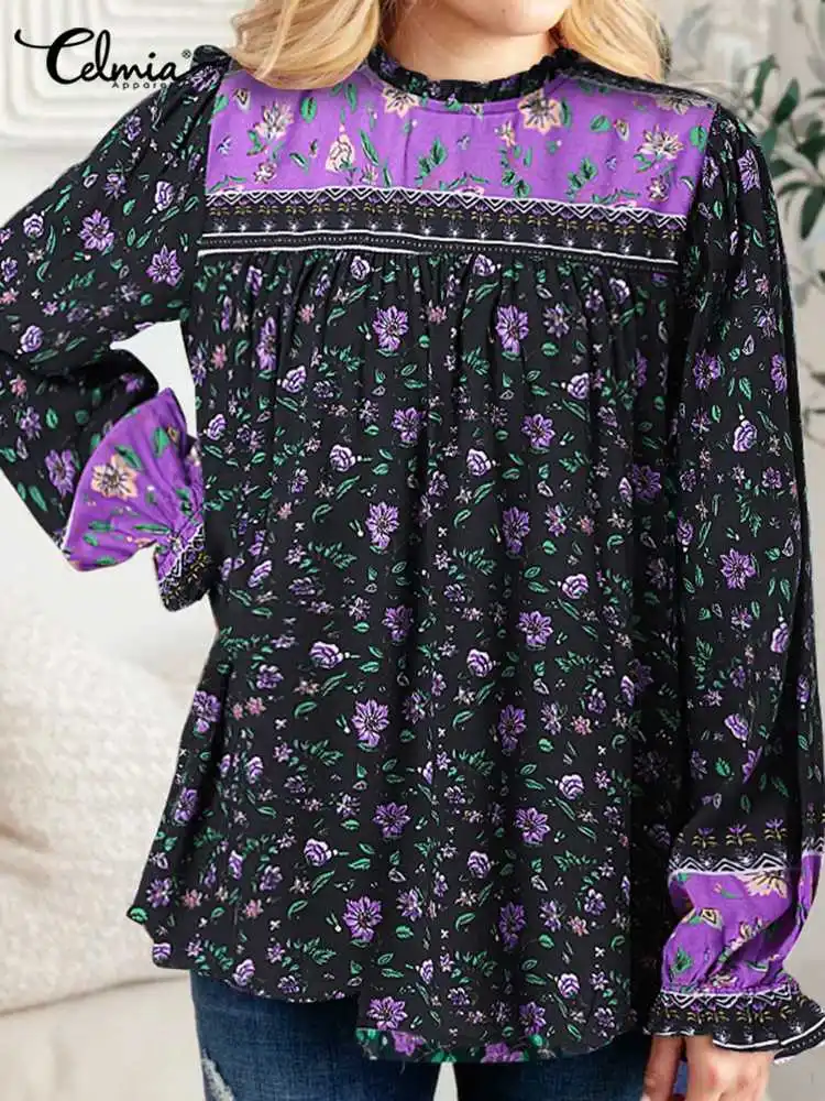 

2022 винтажные рубашки Celmia с круглым вырезом, женская блузка с пышными рукавами, богемные топы с цветочным принтом, праздничные летние дышащи...