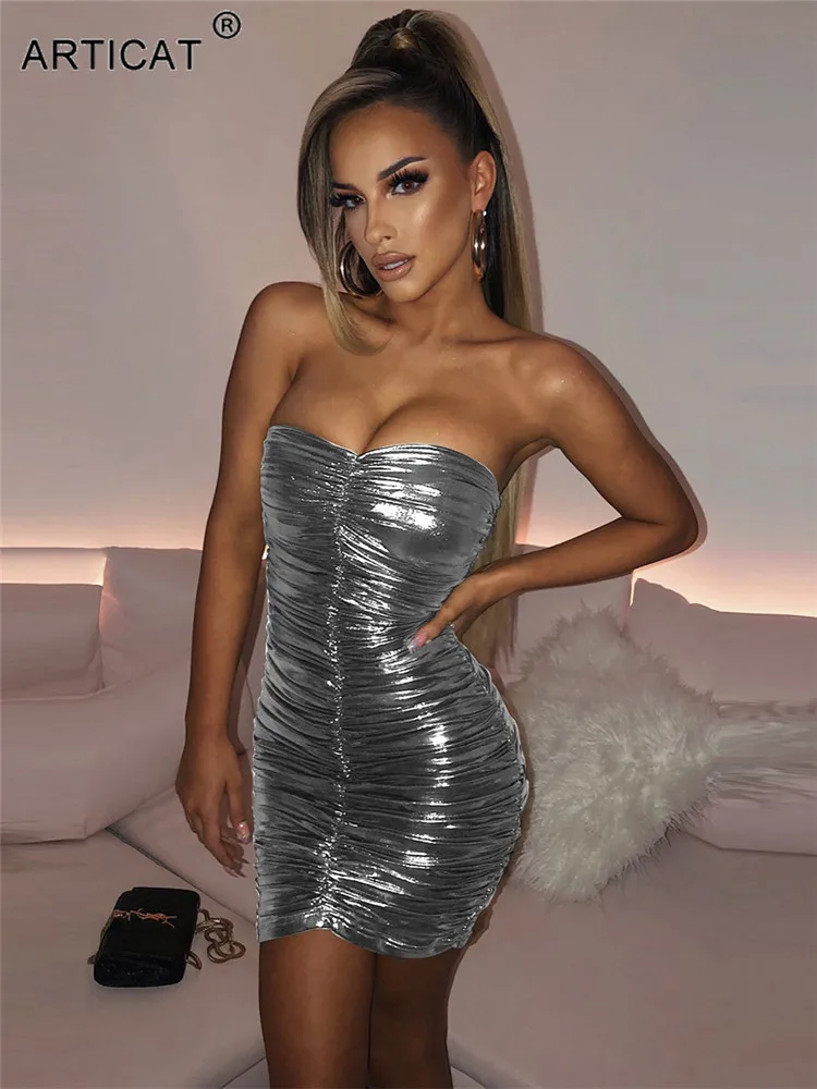

Женское мини-платье с открытой спиной Articat, золотистое облегающее платье без бретелек, с рукавами-рюшами, для ночного клуба и вечерние, на ле...