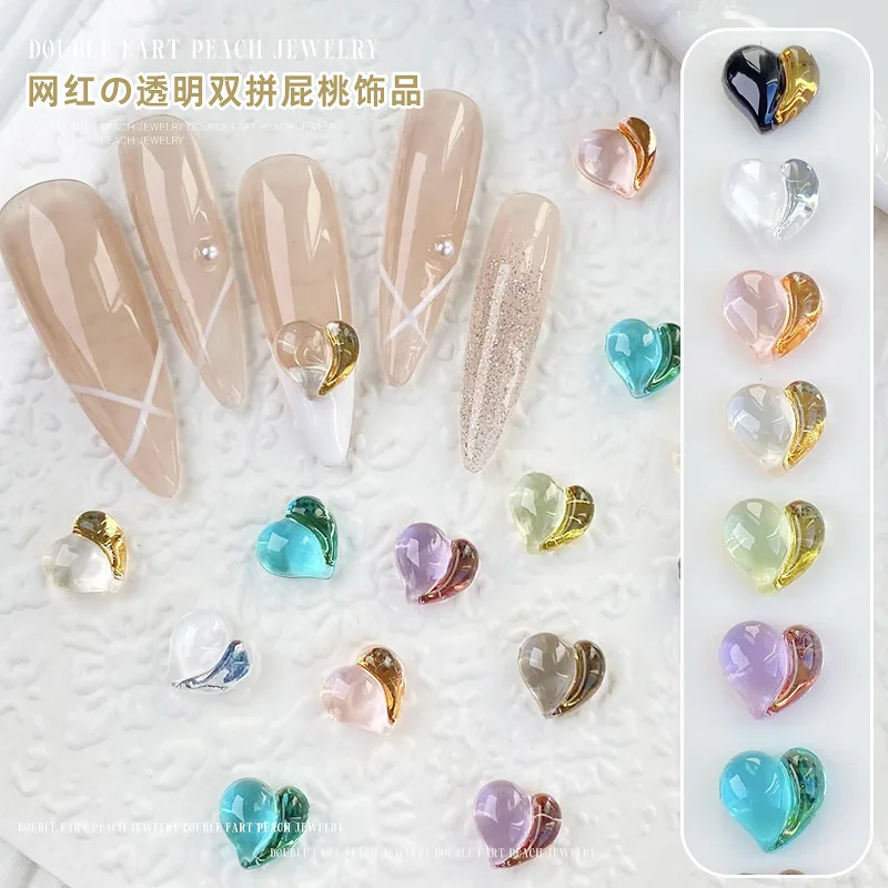 

50Pcs New Design Double Fart Heart DIY Nail Stones Resin 7x7mm Peach Heart Shaped Nail Art Flatback Charms Gems DIY Crafts