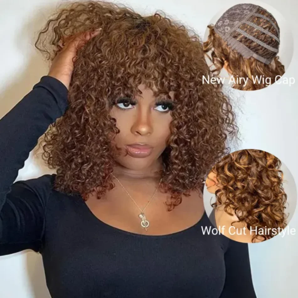 

Unice Hair Bouncy Curly Remy Hair Wolf Cut Bob Wig With Bangs Glueless Wig for Women Human Hair Wear and Go Air Wig Full Machine