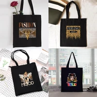 women shopper organizer canvas shopping bag handbag foldable shoulder bag students large capacity grocery tote bag leopard print