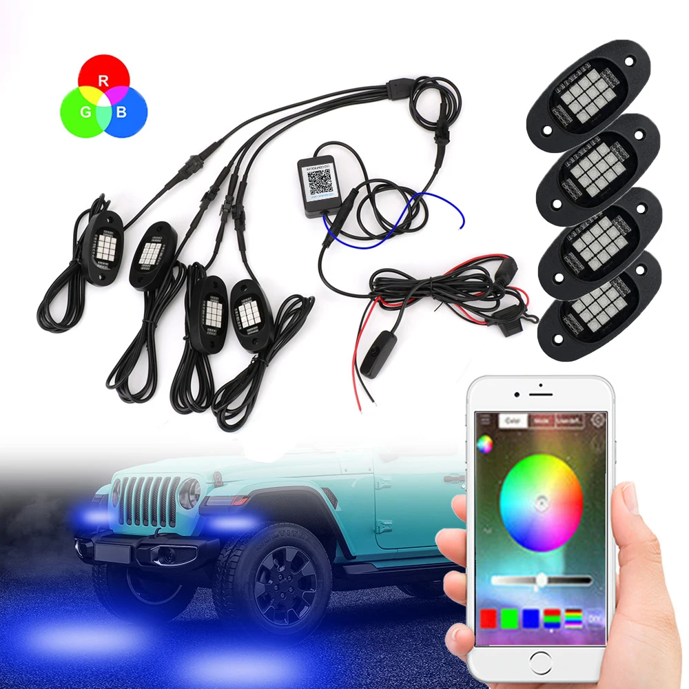 

Водонепроницаемая светодиодная подсветка RGB Rock Light s для джипа, грузовика, внедорожника, внедорожника, атмосферная лампа 4 в 1 с Bluetooth и управл...