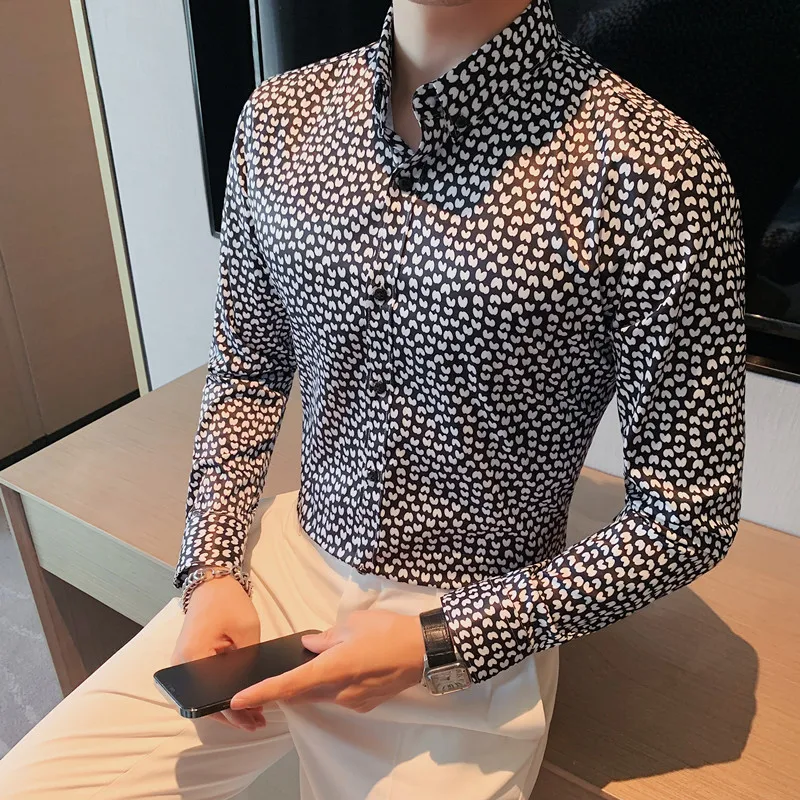 2022 Autumn Print Shirts for Men Long Sleeve Casual Slim Business Formal Dress Shirt High Quality Men Clothing Streetwear Blouse