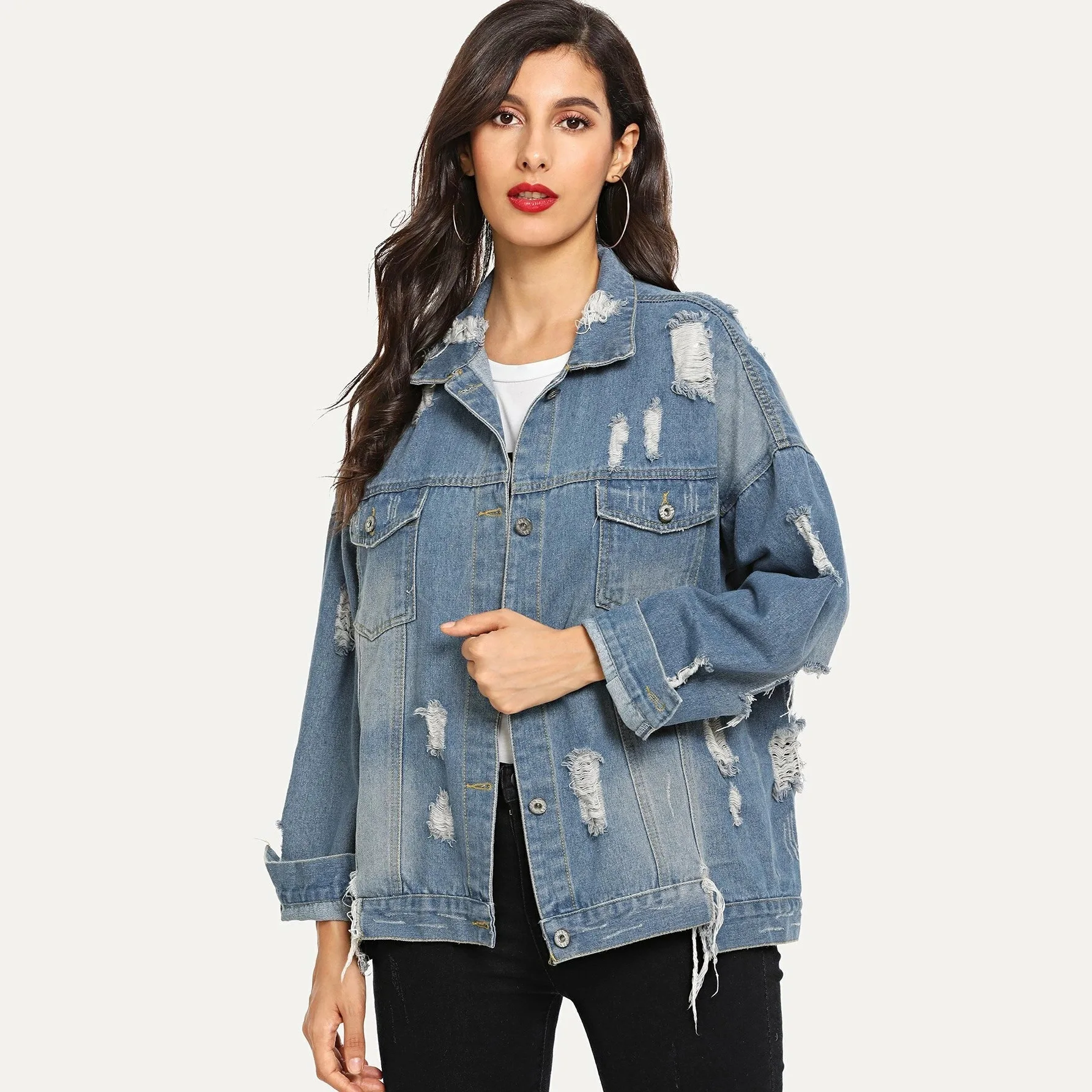 

European and American Wish Casual Perforated Denim Jacket New Made Old Denim Jacket
